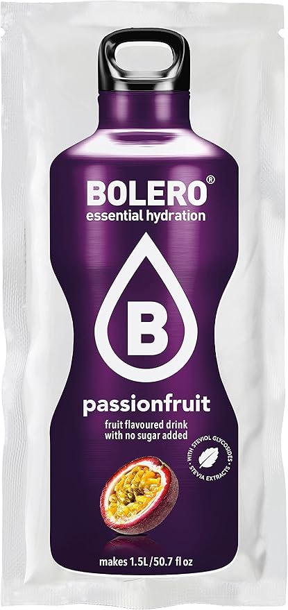 Bolero Bebida Instantánea Sabor Maracuyá, Pack de 12x9g. Un refresco sin azúcar, sin gluten y con Stevia, enriquecido con Vitamina C. Apto para diabéticos, celíacos y dietas keto. Bolero - frontal