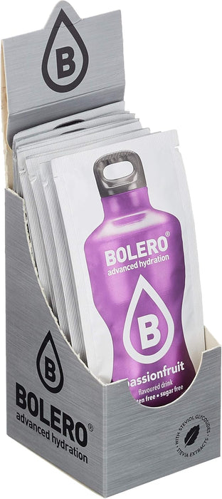 Bolero Bebida Instantánea Sabor Maracuyá, Pack de 12x9g. Un refresco sin azúcar, sin gluten y con Stevia, enriquecido con Vitamina C. Apto para diabéticos, celíacos y dietas keto. Bolero - lateral