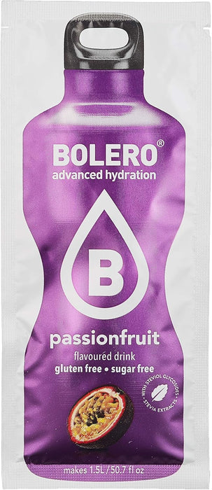Bolero Bebida Instantánea Sabor Maracuyá, Pack de 12x9g. Un refresco sin azúcar, sin gluten y con Stevia, enriquecido con Vitamina C. Apto para diabéticos, celíacos y dietas keto. Bolero - presentacion