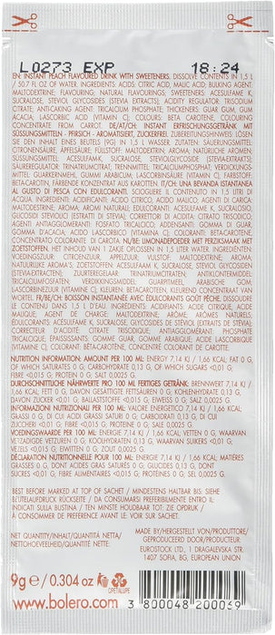 Bolero Bebida Instantánea Sabor Melocotón, Caja de 12x9g. Preparado en polvo sin azúcar con Stevia y Vitamina C para una hidratación saludable, baja en calorías y llena de sabor. Bolero - extra