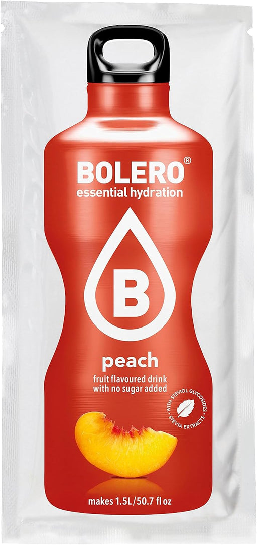 Bolero Bebida Instantánea Sabor Melocotón, Caja de 12x9g. Preparado en polvo sin azúcar con Stevia y Vitamina C para una hidratación saludable, baja en calorías y llena de sabor. Bolero - frontal
