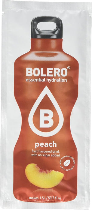 Bolero Bebida Instantánea Sabor Melocotón, Caja de 12x9g. Preparado en polvo sin azúcar con Stevia y Vitamina C para una hidratación saludable, baja en calorías y llena de sabor. Bolero - presentacion