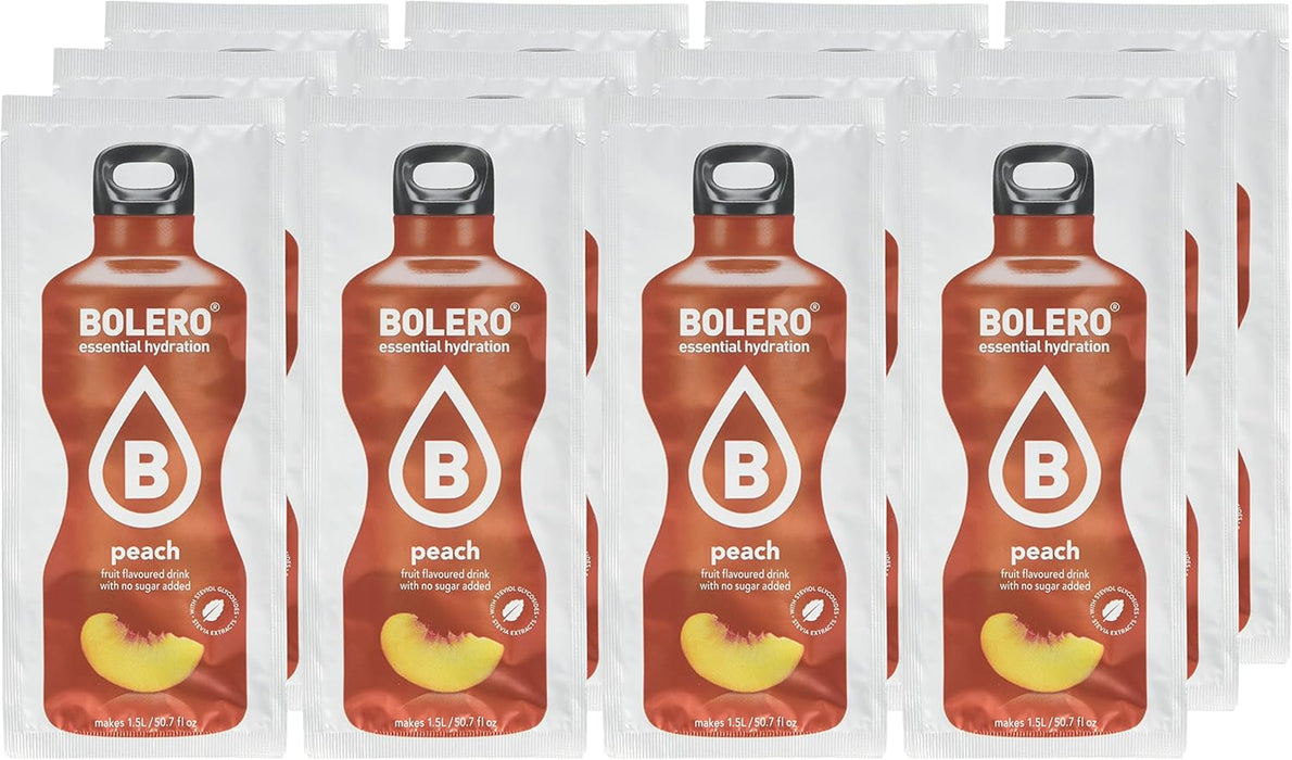 Bolero Bebida Instantánea Sabor Melocotón, Caja de 12x9g. Preparado en polvo sin azúcar con Stevia y Vitamina C para una hidratación saludable, baja en calorías y llena de sabor. Bolero - zoom
