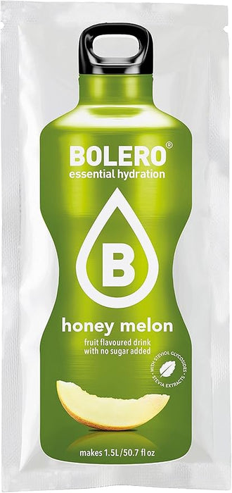 Bolero Bebida Instantánea Sabor Melón con Miel, Pack de 12x9g. Preparado en polvo sin azúcar con edulcorantes y Stevia para disfrutar de un refresco saludable y bajo en calorías. Bolero - frontal