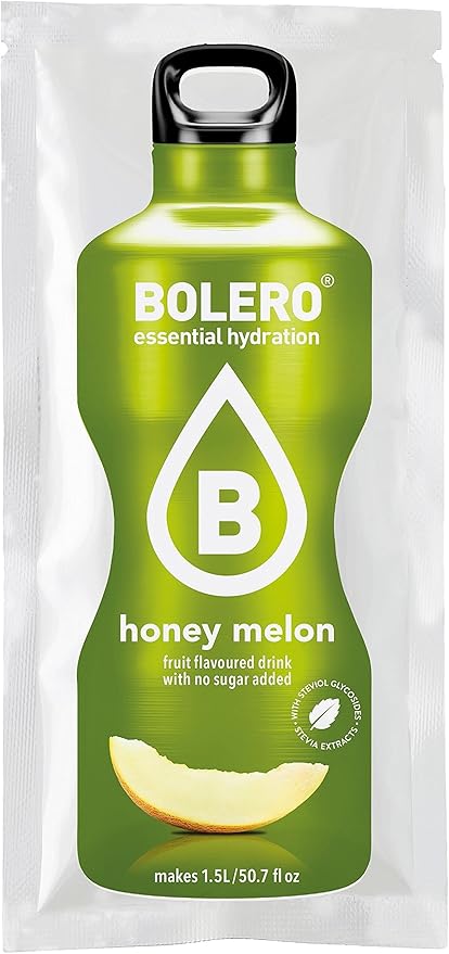 Bolero Bebida Instantánea Sabor Melón con Miel, Pack de 12x9g. Preparado en polvo sin azúcar con edulcorantes y Stevia para disfrutar de un refresco saludable y bajo en calorías. Bolero - frontal