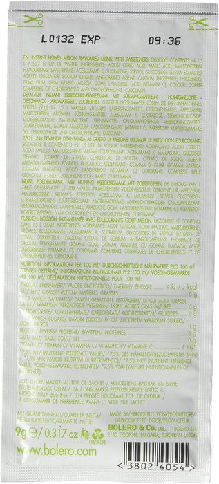 Bolero Bebida Instantánea Sabor Melón con Miel, Pack de 12x9g. Preparado en polvo sin azúcar con edulcorantes y Stevia para disfrutar de un refresco saludable y bajo en calorías. Bolero - lateral