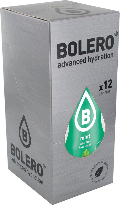 Bolero Bebida Instantánea Sabor Menta, Caja de 24x9g. Preparado en polvo sin azúcar con Stevia y Vitamina C para una hidratación saludable, baja en calorías y llena de sabor. Bolero - pack