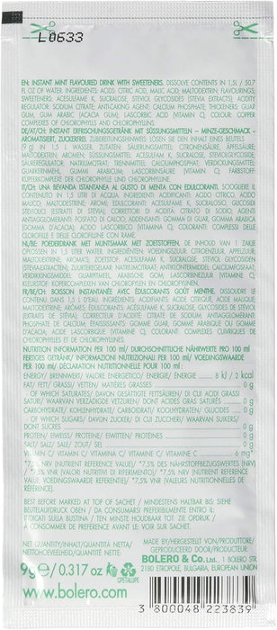 Bolero Bebida Instantánea Sabor Menta, Pack de 12x9g. Un refresco en polvo bajo en calorías y sin azúcar con Stevia, ideal para la hidratación diaria o para tus cócteles. Bolero - detalle