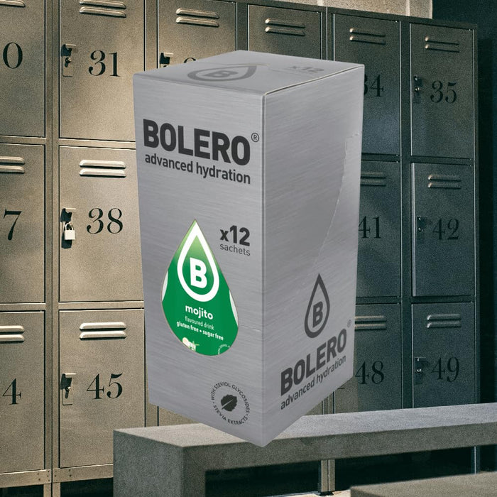 Bolero Bebida Instantánea Sabor Mojito, Caja de 24x9g. Un refresco en polvo bajo en calorías y sin azúcar con Stevia, ideal para la hidratación diaria o para tus cócteles sin alcohol. Bolero - detalle