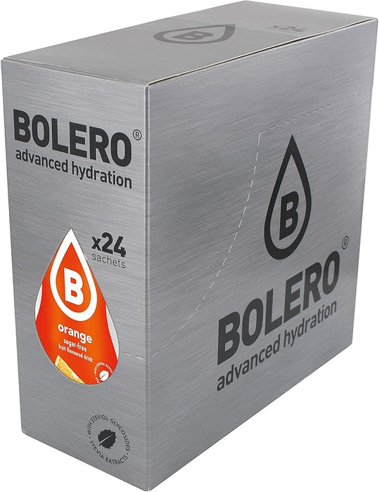 Bolero Bebida Instantánea Sabor Naranja, Caja de 24x9g. Preparado en polvo sin azúcar con Stevia y Vitamina C para una hidratación deliciosa, saludable y baja en calorías. Bolero - frontal