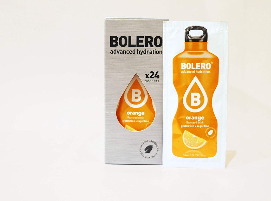 Bolero Bebida Instantánea Sabor Naranja, Caja de 24x9g. Preparado en polvo sin azúcar con Stevia y Vitamina C para una hidratación deliciosa, saludable y baja en calorías. Bolero - pack