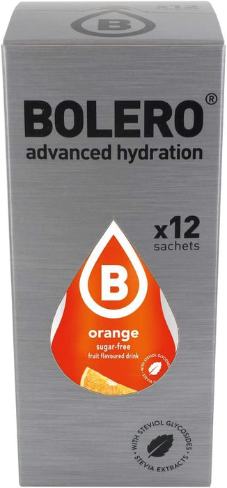 Bolero Bebida Instantánea Sabor Naranja, Pack de 12x9g. Un refresco en polvo bajo en calorías y sin azúcar con Stevia, ideal para la hidratación diaria o durante el deporte. Bolero - detalle