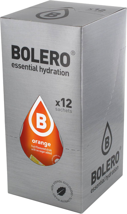 Bolero Bebida Instantánea Sabor Naranja, Pack de 12x9g. Un refresco en polvo bajo en calorías y sin azúcar con Stevia, ideal para la hidratación diaria o durante el deporte. Bolero - pack