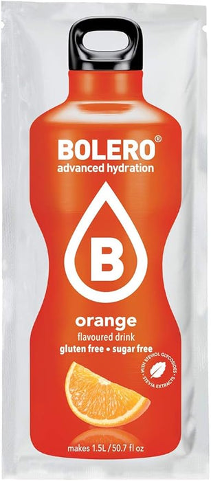 Bolero Bebida Instantánea Sabor Naranja, Pack de 12x9g. Un refresco en polvo bajo en calorías y sin azúcar con Stevia, ideal para la hidratación diaria o durante el deporte. Bolero - uso