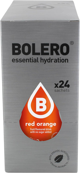 Bolero Bebida Instantánea Sabor Naranja Roja, Caja de 24x9g. Preparado en polvo sin azúcar, cero carbohidratos y con Stevia para una hidratación saludable y llena de sabor. Bolero - detalle