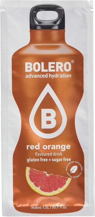 Bolero Bebida Instantánea Sabor Naranja Roja, Caja de 24x9g. Preparado en polvo sin azúcar, cero carbohidratos y con Stevia para una hidratación saludable y llena de sabor. Bolero - ingredientes