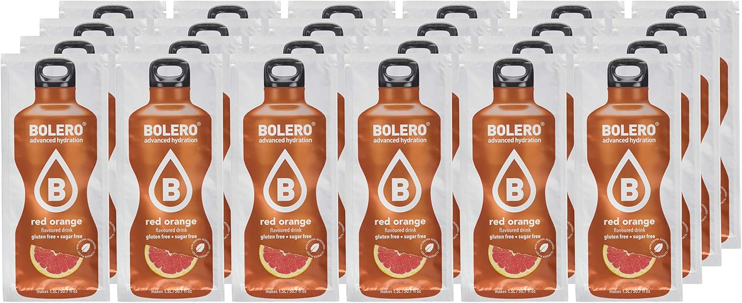 Bolero Bebida Instantánea Sabor Naranja Roja, Caja de 24x9g. Preparado en polvo sin azúcar, cero carbohidratos y con Stevia para una hidratación saludable y llena de sabor. Bolero - lateral