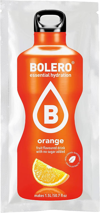 Bolero Bebida Instantánea Sabor Naranja Roja, Pack de 12x9g. Un refresco en polvo bajo en calorías y sin azúcar con Stevia, ideal para la hidratación diaria o durante el deporte. Bolero - detalle