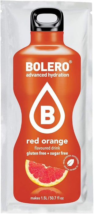 Bolero Bebida Instantánea Sabor Naranja Roja, Pack de 12x9g. Un refresco en polvo bajo en calorías y sin azúcar con Stevia, ideal para la hidratación diaria o durante el deporte. Bolero - frontal