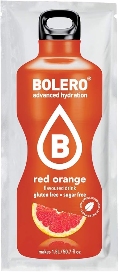 Bolero Bebida Instantánea Sabor Naranja Roja, Pack de 12x9g. Un refresco en polvo bajo en calorías y sin azúcar con Stevia, ideal para la hidratación diaria o durante el deporte. Bolero - frontal