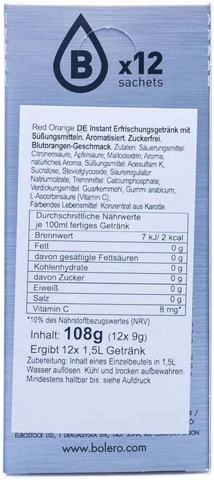 Bolero Bebida Instantánea Sabor Naranja Roja, Pack de 12x9g. Un refresco en polvo bajo en calorías y sin azúcar con Stevia, ideal para la hidratación diaria o durante el deporte. Bolero - lateral