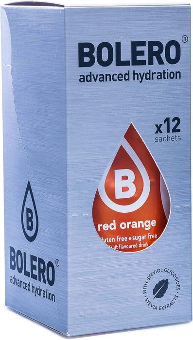 Bolero Bebida Instantánea Sabor Naranja Roja, Pack de 12x9g. Un refresco en polvo bajo en calorías y sin azúcar con Stevia, ideal para la hidratación diaria o durante el deporte. Bolero - presentacion
