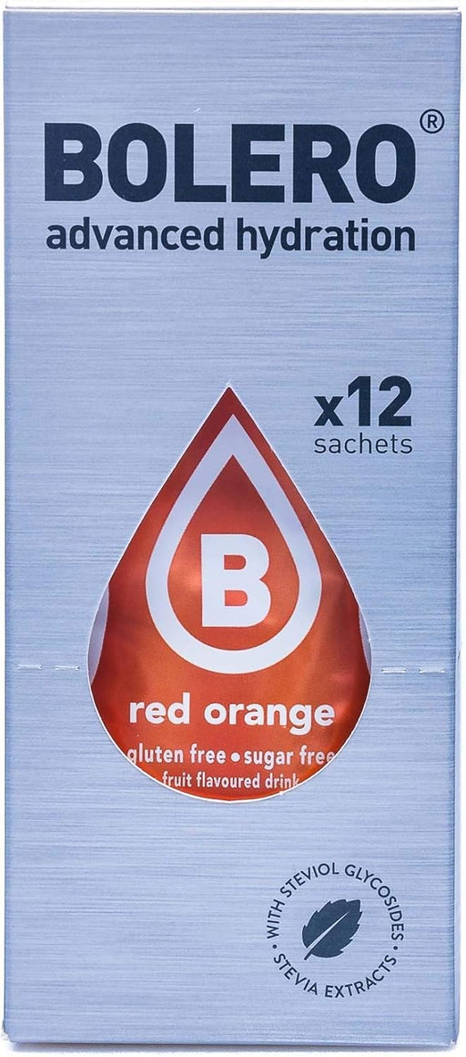 Bolero Bebida Instantánea Sabor Naranja Roja, Pack de 12x9g. Un refresco en polvo bajo en calorías y sin azúcar con Stevia, ideal para la hidratación diaria o durante el deporte. Bolero - pack