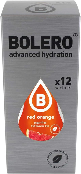 Bolero Bebida Instantánea Sabor Naranja Roja, Pack de 12x9g. Un refresco en polvo bajo en calorías y sin azúcar con Stevia, ideal para la hidratación diaria o durante el deporte. Bolero - uso