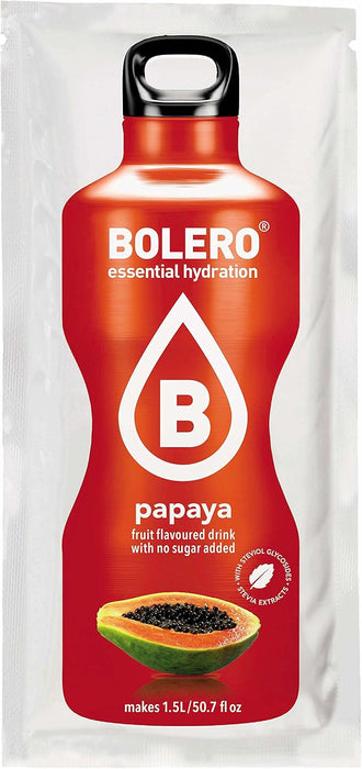 Bolero Bebida Instantánea Sabor Papaya, Caja de 24x9g. Un refresco en polvo bajo en calorías y sin azúcar con Stevia, ideal para la hidratación diaria o durante el deporte. Bolero - detalle