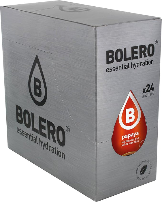 Bolero Bebida Instantánea Sabor Papaya, Caja de 24x9g. Un refresco en polvo bajo en calorías y sin azúcar con Stevia, ideal para la hidratación diaria o durante el deporte. Bolero - extra