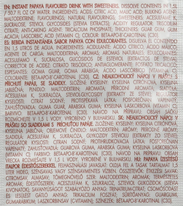 Bolero Bebida Instantánea Sabor Papaya, Caja de 24x9g. Un refresco en polvo bajo en calorías y sin azúcar con Stevia, ideal para la hidratación diaria o durante el deporte. Bolero - lateral