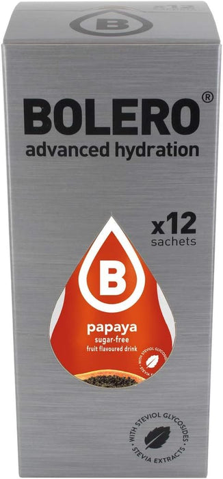 Bolero Bebida Instantánea Sabor Papaya, Pack de 12x9g. Un refresco en polvo sin azúcar, vegano y sin gluten, endulzado con Stevia para una hidratación saludable. Bolero - detalle