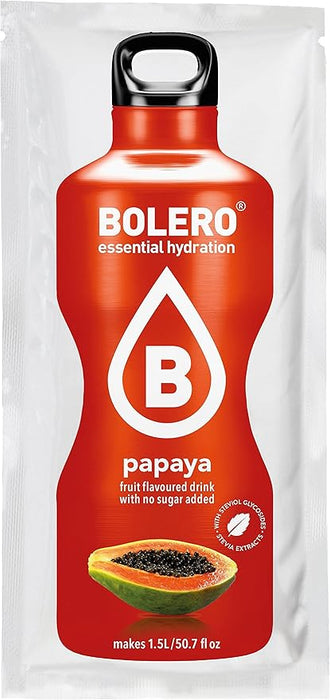 Bolero Bebida Instantánea Sabor Papaya, Pack de 12x9g. Un refresco en polvo sin azúcar, vegano y sin gluten, endulzado con Stevia para una hidratación saludable. Bolero - frontal