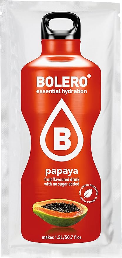 Bolero Bebida Instantánea Sabor Papaya, Pack de 12x9g. Un refresco en polvo sin azúcar, vegano y sin gluten, endulzado con Stevia para una hidratación saludable. Bolero - frontal