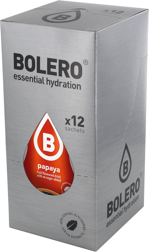 Bolero Bebida Instantánea Sabor Papaya, Pack de 12x9g. Un refresco en polvo sin azúcar, vegano y sin gluten, endulzado con Stevia para una hidratación saludable. Bolero - pack
