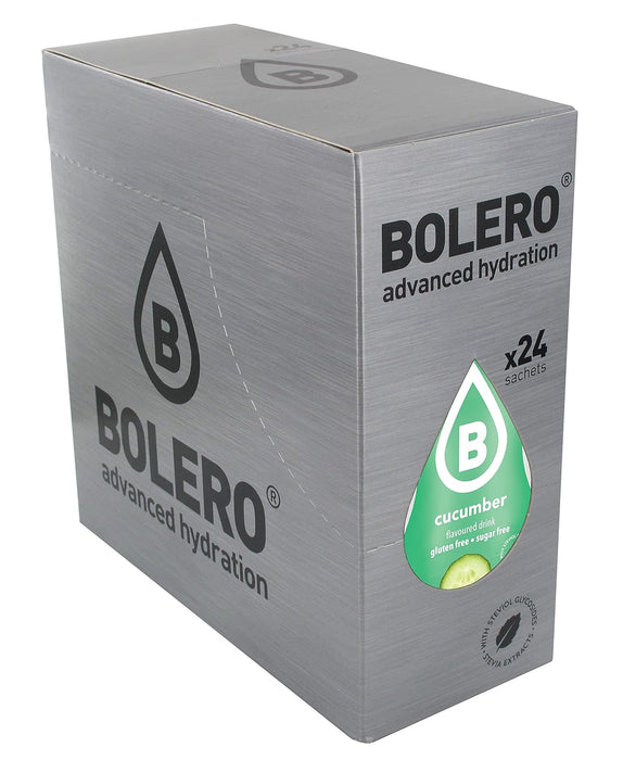 Bolero Bebida Instantánea Sabor Pepino, Caja de 24x9g. Un refresco en polvo sin azúcar, bajo en calorías y con Stevia para una hidratación saludable con un sabor único y refrescante. Bolero - pack