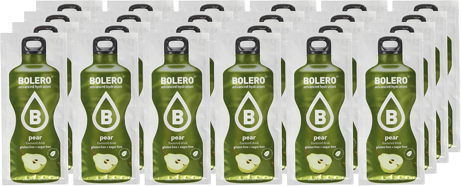 Bolero Bebida Instantánea Sabor Pera, Caja de 24x9g. Refresco en polvo saludable sin azúcar, endulzado con Stevia y apto para diabéticos. Ideal para hidratación familiar y deportiva. Bolero - lateral