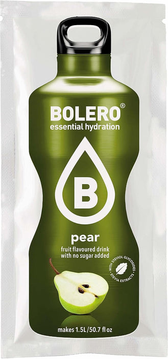 Bolero Bebida Instantánea Sabor Pera, Caja de 24x9g. Refresco en polvo saludable sin azúcar, endulzado con Stevia y apto para diabéticos. Ideal para hidratación familiar y deportiva. Bolero - pack