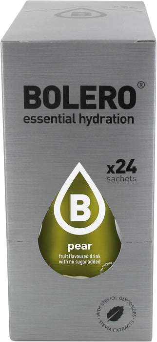 Bolero Bebida Instantánea Sabor Pera, Caja de 24x9g. Refresco en polvo saludable sin azúcar, endulzado con Stevia y apto para diabéticos. Ideal para hidratación familiar y deportiva. Bolero - detalle