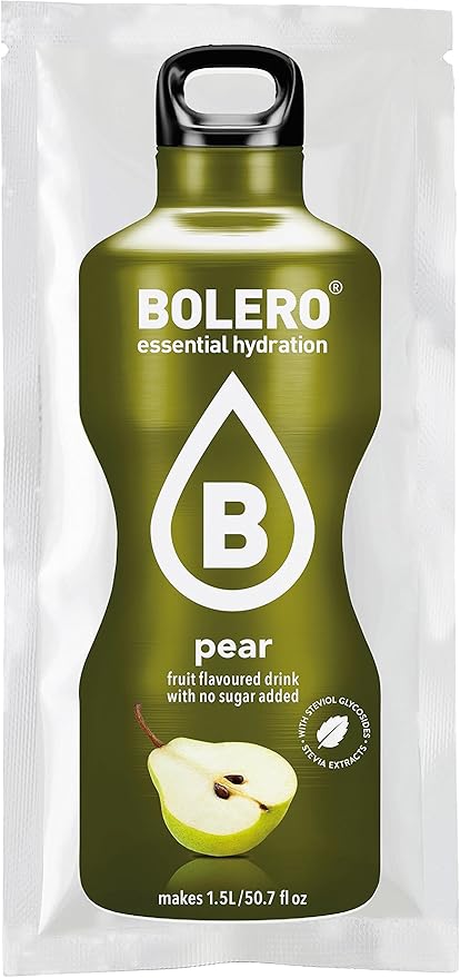 Bolero Bebida Instantánea Sabor Pera, Pack de 12x9g. Un refresco sin azúcar, sin gluten y con Stevia, enriquecido con Vitamina C. Apto para diabéticos, celíacos y dietas keto. Bolero - frontal
