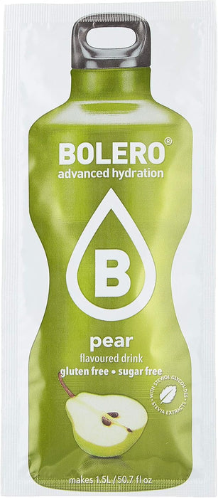 Bolero Bebida Instantánea Sabor Pera, Pack de 12x9g. Un refresco sin azúcar, sin gluten y con Stevia, enriquecido con Vitamina C. Apto para diabéticos, celíacos y dietas keto. Bolero - ingredientes