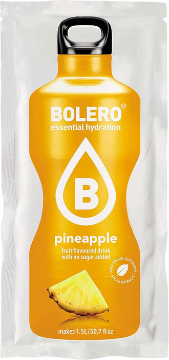 Bolero Bebida Instantánea Sabor Piña, Caja de 24x9g. Preparado en polvo sin azúcar, con Stevia y Vitamina C para una hidratación tropical, deliciosa y baja en calorías. Bolero - pack