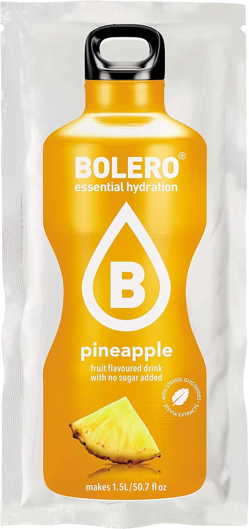 Bolero Bebida Instantánea Sabor Piña, Caja de 24x9g. Preparado en polvo sin azúcar, con Stevia y Vitamina C para una hidratación tropical, deliciosa y baja en calorías. Bolero - pack