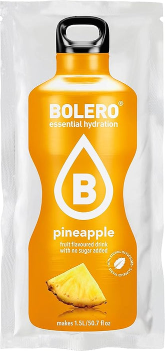 Bolero Bebida Instantánea Sabor Piña, Pack de 12x9g. Un refresco sin azúcar, sin gluten y con Stevia, enriquecido con Vitamina C. Apto para diabéticos, celíacos y dietas keto. Bolero - frontal
