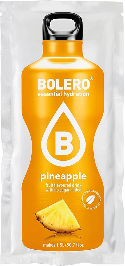 Bolero Bebida Instantánea Sabor Piña, Pack de 12x9g. Un refresco sin azúcar, sin gluten y con Stevia, enriquecido con Vitamina C. Apto para diabéticos, celíacos y dietas keto. Bolero - frontal
