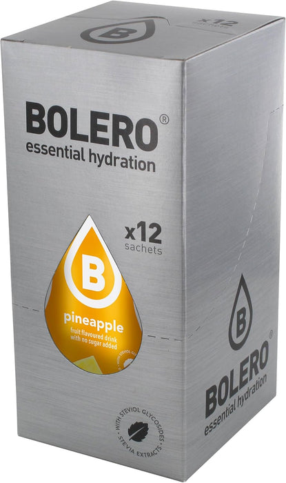 Bolero Bebida Instantánea Sabor Piña, Pack de 12x9g. Un refresco sin azúcar, sin gluten y con Stevia, enriquecido con Vitamina C. Apto para diabéticos, celíacos y dietas keto. Bolero - pack