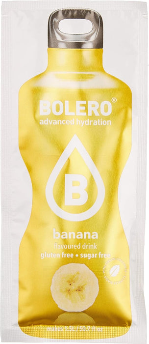 Bolero Bebida Instantánea Sabor Plátano, Caja de 24x9g. Preparado en polvo sin azúcar con Stevia y Vitamina C, un refresco saludable y bajo en calorías para una hidratación total. Bolero - presentacion