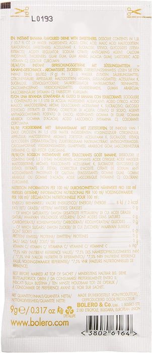 Bolero Bebida Instantánea Sabor Plátano, Caja de 24x9g. Preparado en polvo sin azúcar con Stevia y Vitamina C, un refresco saludable y bajo en calorías para una hidratación total. Bolero - extra