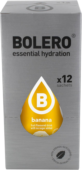 Bolero Bebida Instantánea Sabor Plátano, Pack de 12x9g. Un refresco en polvo bajo en calorías y sin azúcar con Stevia, ideal para la hidratación diaria o durante el deporte. Bolero - detalle