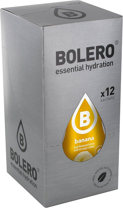 Bolero Bebida Instantánea Sabor Plátano, Pack de 12x9g. Un refresco en polvo bajo en calorías y sin azúcar con Stevia, ideal para la hidratación diaria o durante el deporte. Bolero - frontal